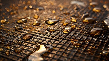 Closeup of Metal Mesh Screen with Water Droplets and Oil Residue.