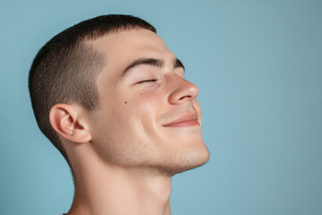 A close up of a man's face with his eyes closed
