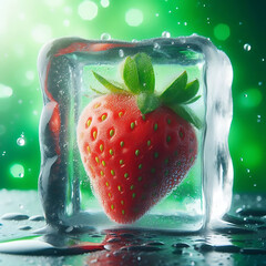 Strawberry trapped in a huge ice cube with a refreshing vibrant green background giving cold vibes.