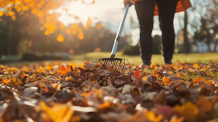 Raking Autumn Leaves in a Sunny Park. AI generated image