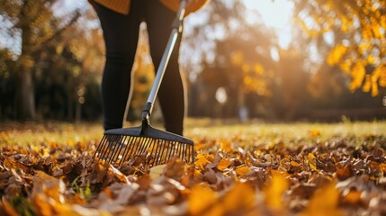 Raking Leaves in the Warm Autumn Sun. AI generated image