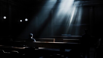 Two men silhouetted in a dark room with a light