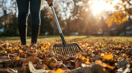 Raking Leaves in the Warm Autumn Sun. AI generated image