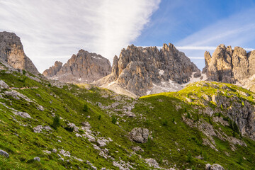 Majestic rock peaks of  Dolomite Alps. Amazing natural landscape. High quality photo.