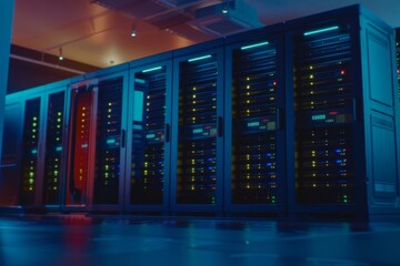 A Photography of A bustling data center with rows of servers and technicians working diligently to process and manage vast amounts of information, showcasing the world of big da