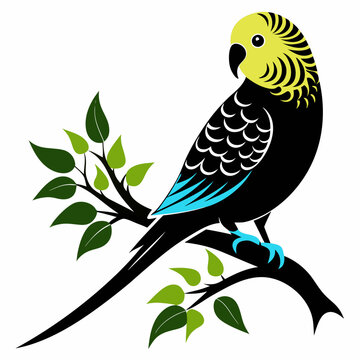 black budgie perched on branch clip art preview
