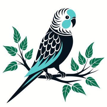 recommend clip art: A budgerigar silhouette vector style with a tree branch on a white background.