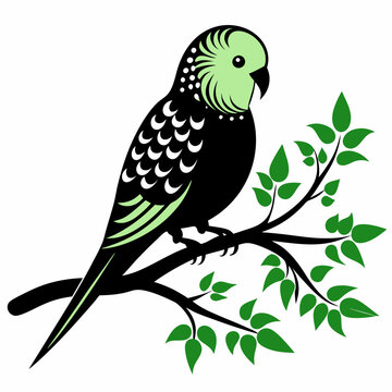 recommend clip art: A budgerigar silhouette vector style with a tree branch on a white background.