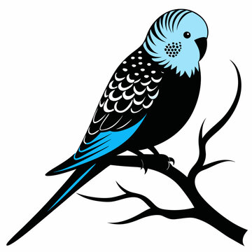 recommend clip art: A budgerigar silhouette vector style with a tree branch on a white background.