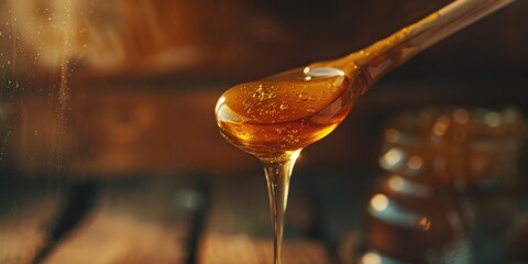 Wooden Spoon Dipped in Homemade Honey from Bees