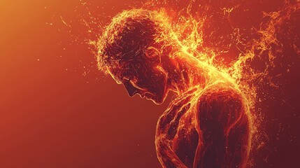 Create a striking digital illustration of a person writhing in pain, clutching their stomach from a birds-eye perspective Emphasize discomfort and burning sensations