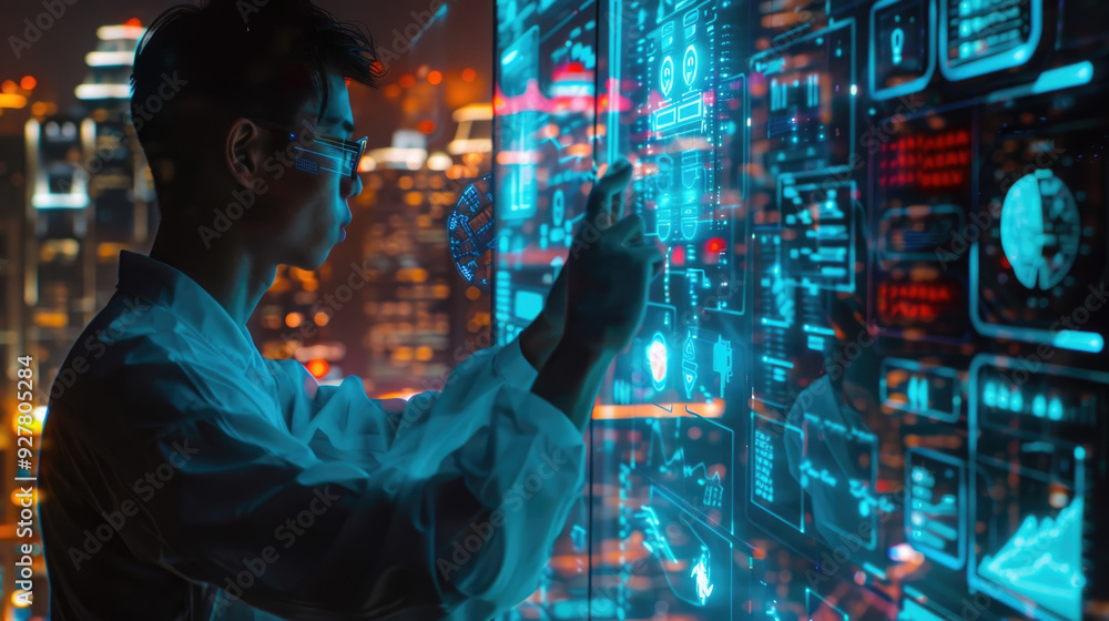 Poster a scientist interacts with a holographic display while overlooking a city illuminated at night