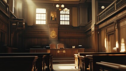 Sunlight streams through a grand, wooden courtroom.