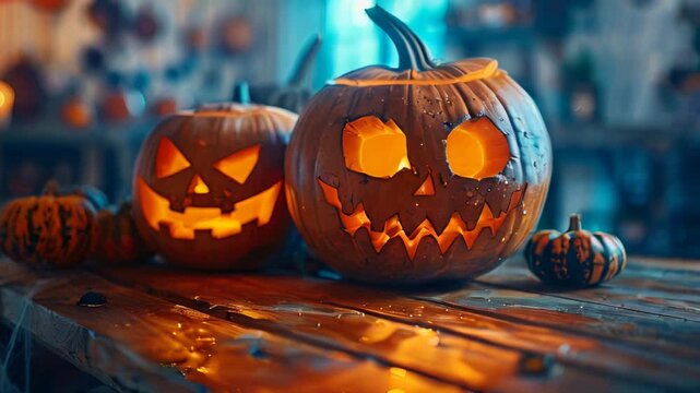Two carved pumpkins glow warmly on a rustic wooden table, surrounded by vibrant autumn leaves. The background captures the essence of a magical fall evening with golden hues and a dreamy bokeh effect