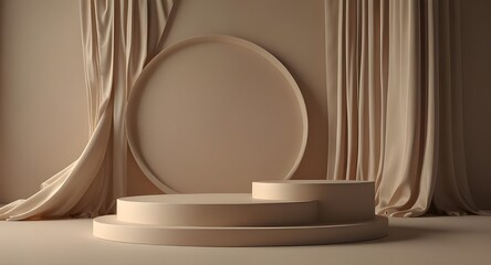 Minimal abstract beige background with podium and wave satin curtain. Round pedestal for natural cosmetics presentation. 3d rendering.