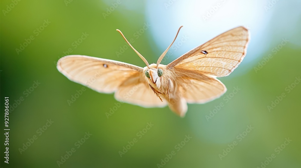 Aufkleber a detailed close-up of a moth's proboscis extending while hovering, wings fluttering, against a soft