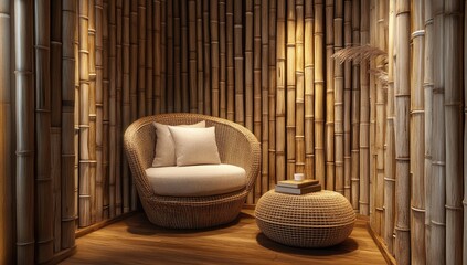 Bamboo wall, wicker chair, and stool.