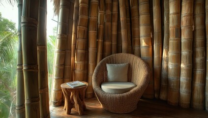 Bamboo wall with a wicker chair and stool.