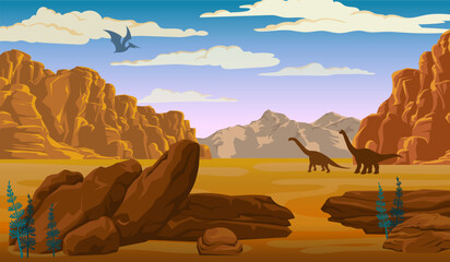 Prehistoric landscape with mountains, desert and silhouette of dinosaurs. Vector Illustration.