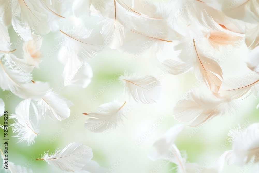 Poster floating feathers in mid-air, gently drifting in a tranquil setting, vibrant colors with ample room 