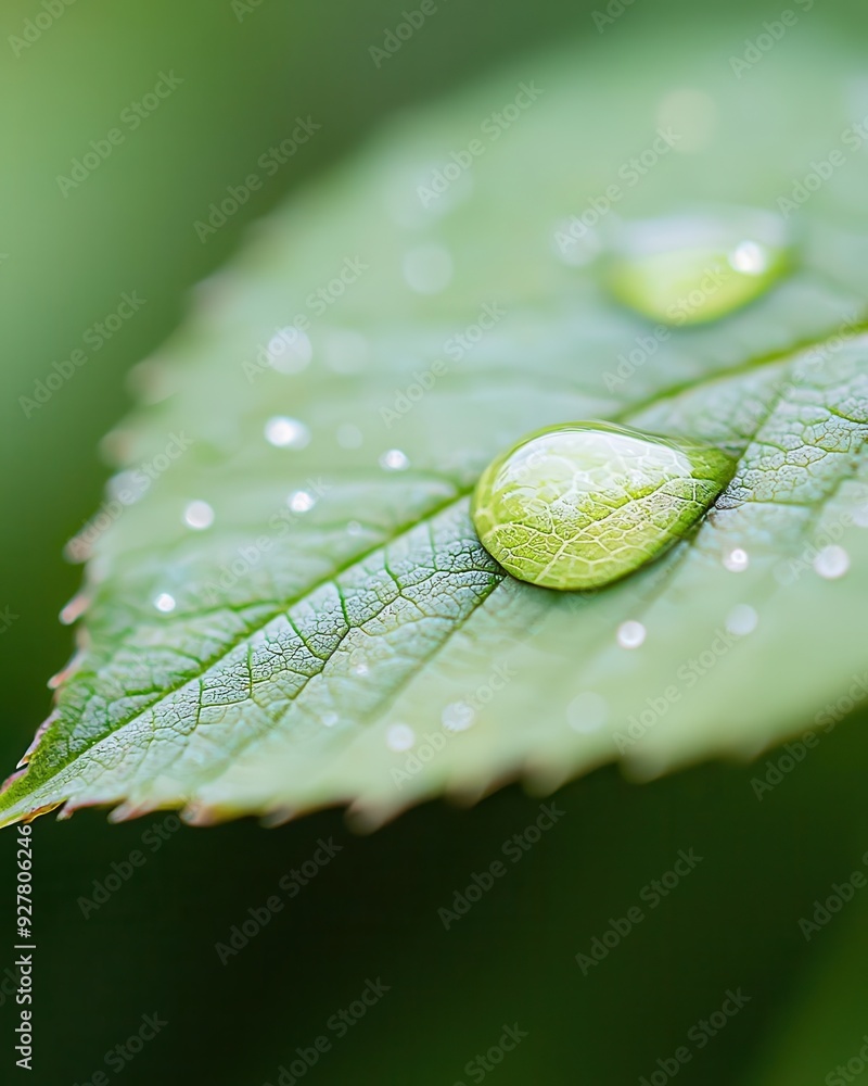 Poster high-resolution macro close-up of a dewdrop on a leaf, showcasing crystal clear details and providin