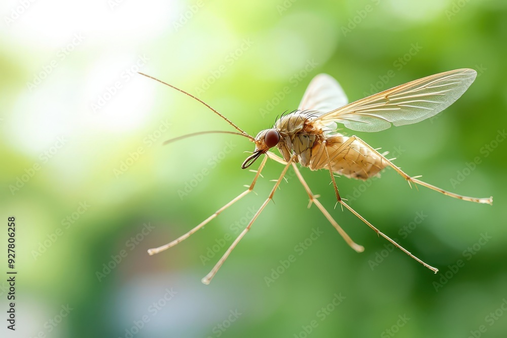Poster hovering insect with extended proboscis, frozen in motion against a blurred backdrop, perfect for ad
