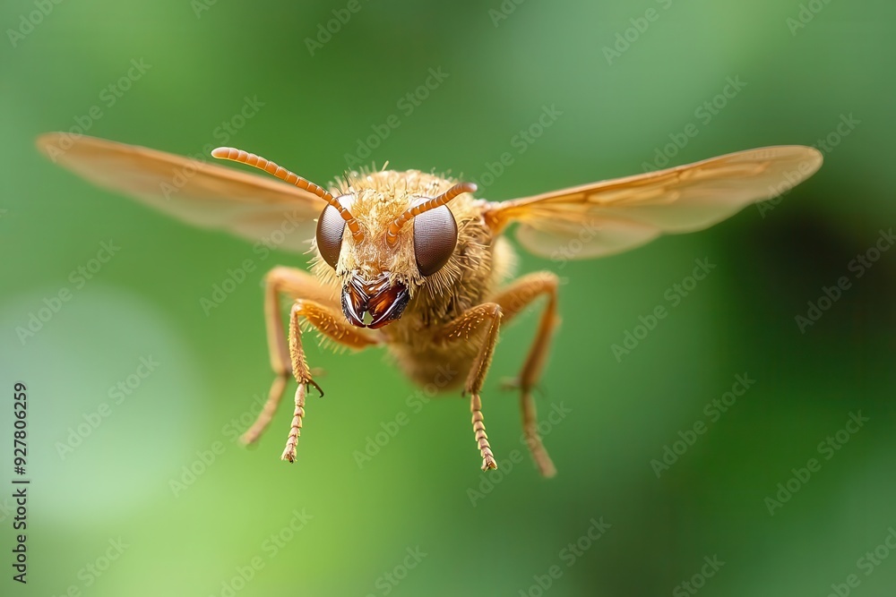 Poster hovering insect with extended proboscis, frozen in motion against a blurred backdrop, plenty of copy