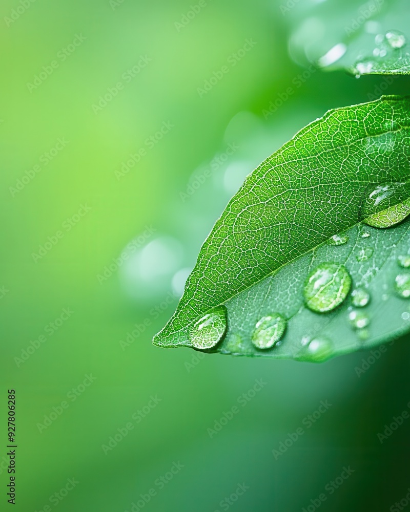 Poster high-resolution macro close-up of a dewdrop on a leaf, crystal clear details with ample copy space f