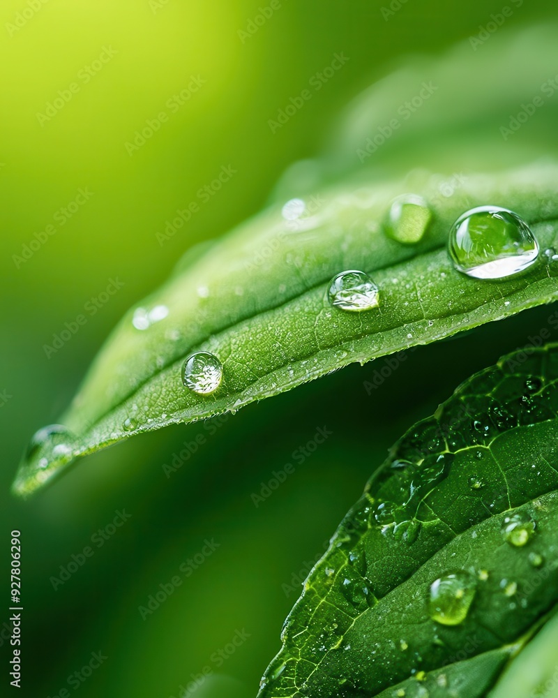 Poster high-resolution macro close-up of a dewdrop on a leaf, showcasing crystal clear details and providin