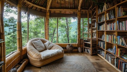 Bamboo hut with comfy chair, bookshelves, and jungle view.