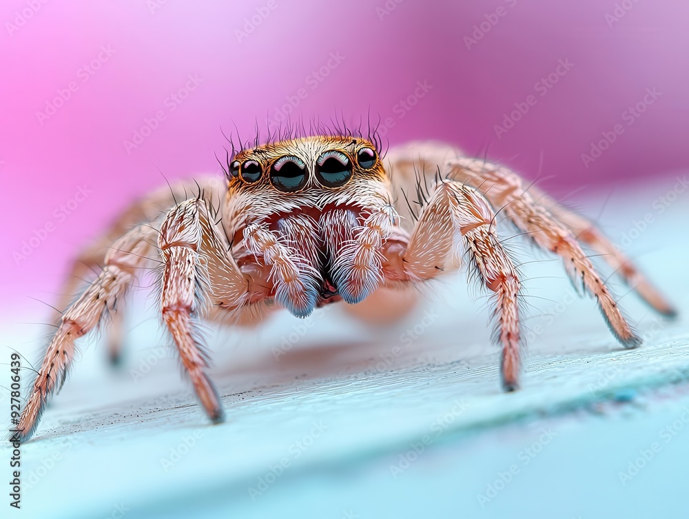 Poster macro shot of a spider with a smooth gradient background, vibrant colors fading from blue to purple,