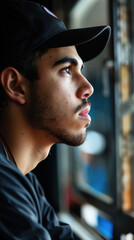 Obraz premium A young man reflects while looking out of a window, lost in deep thought on a serene afternoon