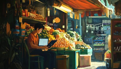 Obraz premium Young man working on laptop in a fruit market.