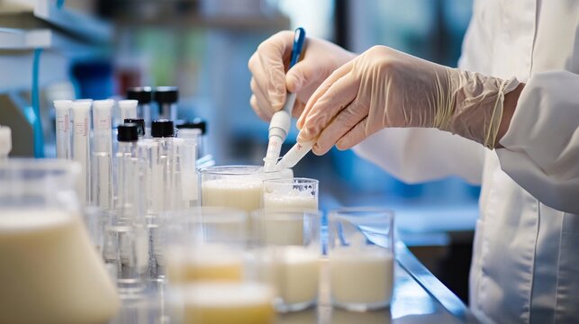 A close-up of a dairy scientist's hands conducting tests on milk quality, with various laboratory instruments visible