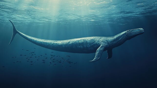 A Plesiosaurus glides through deep blue waters, surrounded by gentle rays of sunlight and small fish