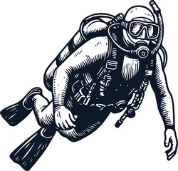 Scuba Diving Hand Drawn Line Art  Vector Art Illustration On Solid White Background