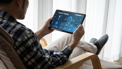 Smart home technology, centric remote control system with digital dashboard for air conditioning, safety security network or house automation. App software, ui panel programming IOT monitor snugly