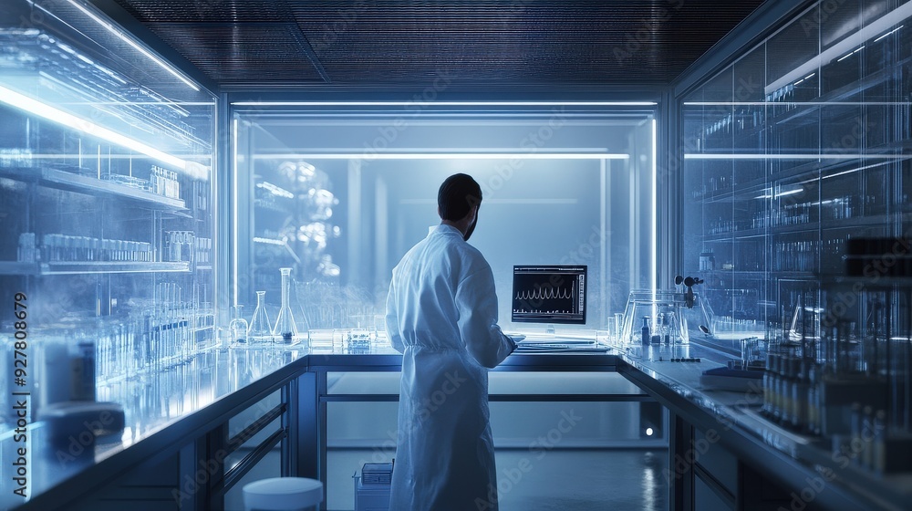 Poster a scientist in a lab coat analyzes data on a computer in a high-tech laboratory illuminated by blue 