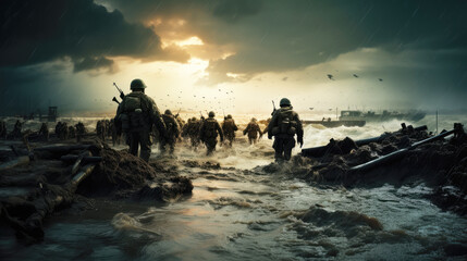 generated illustration portrait military soldiers move into position, war forces.