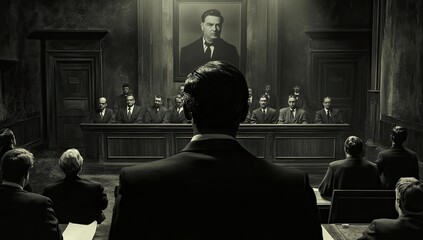 Obraz premium Men in suits facing a portrait.