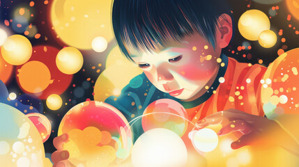 Obraz premium A child plays with vibrant glowing orbs, immersed in wonder and curiosity in a colorful setting