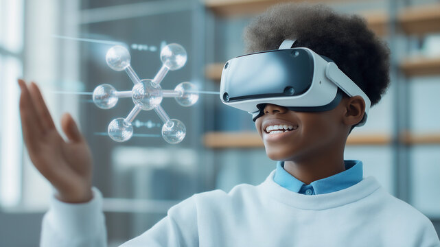 A student wearing a virtual reality headset, interacting with a 3D model of a chemistry molecule, futuristic innovation and technology.