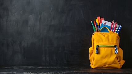 Yellow backpack full of school supplies on a black chalkboard background.