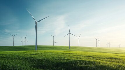 Wind turbines standing in a vast green field under a clear blue sky. AI generated image