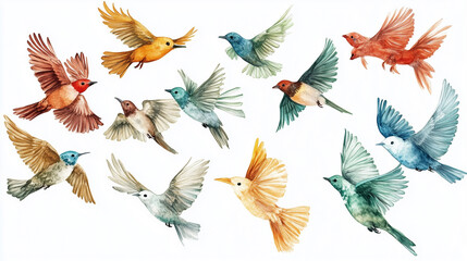 Beautiful watercolor painting showcasing a variety of colorful birds in flight, capturing their grace and beauty