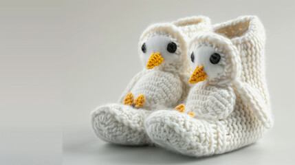 Fototapeta premium White handmade baby booties with 3D white birds on them.