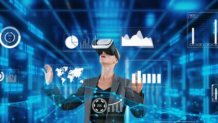 Woman reporter explaining dynamic market data calculated analysis pointing big data business by VR innovation interface digital infographic network technology visual hologram animation. Contraption.
