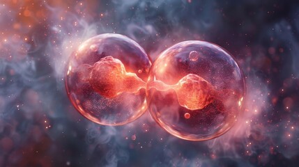 Naklejka premium Two Cells Merging Together Creating a Fertility Cell in Detail