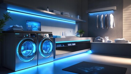 Fototapeta premium Modern laundry room with blue LED lighting.