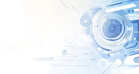 Obraz premium Banner with White and Blue Color Scheme Featuring Gears, Geometric Shapes, and Digital Elements